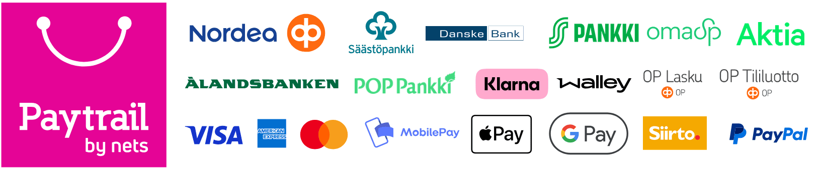 Yleisimmät maksutavat mm. Klarna, Visa, MasterCard, MobilePay, pankit, GooglePay ja ApplePay.