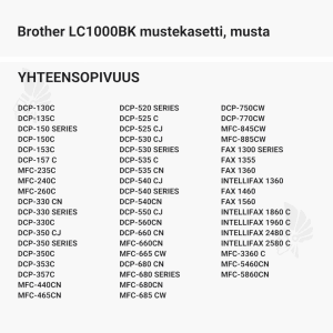 Brother LC1000BK mustekasetti, musta - Yhteensopivat tulostinmallit