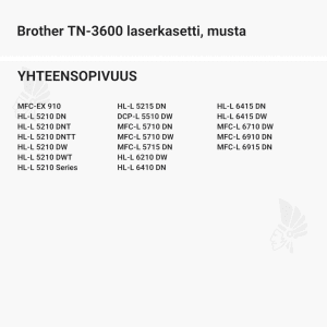 Brother TN-3600 laserkasetti, musta - Yhteensopivat tulostinmallit