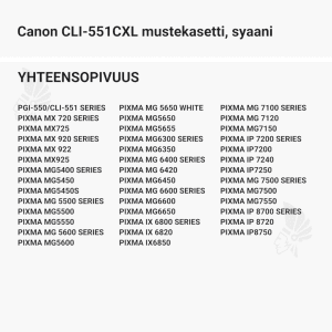 Canon CLI-551CXL mustekasetti, syaani - Yhteensopivat tulostinmallit