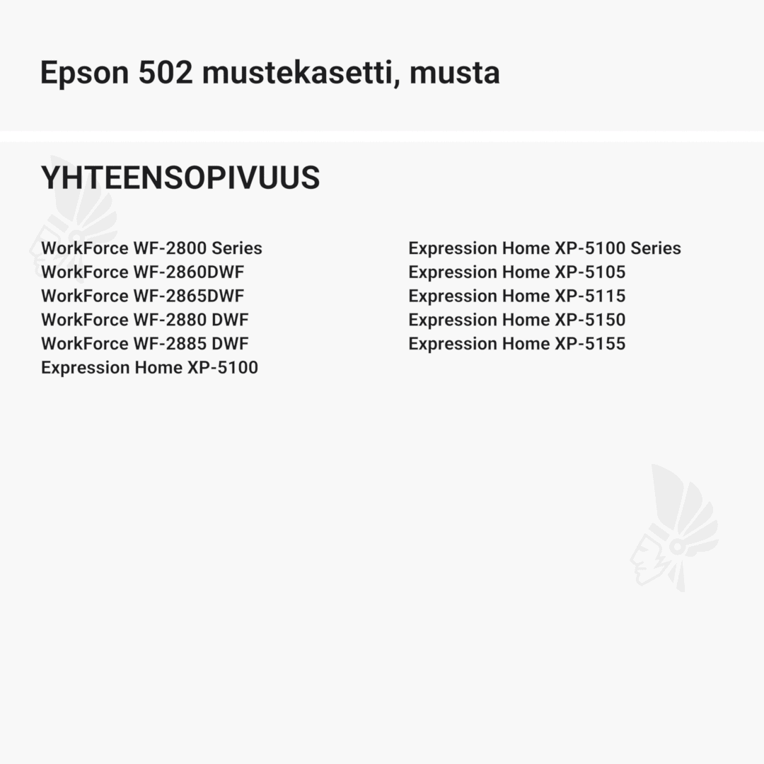 Epson 502 mustekasetti, musta - Yhteensopivat tulostinmallit