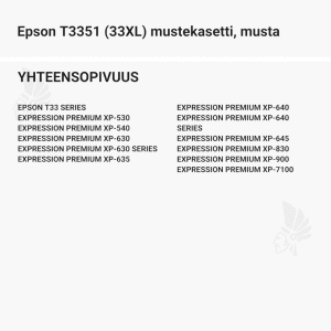 Epson T3351 (33XL) mustekasetti, musta - Yhteensopivat tulostinmallit