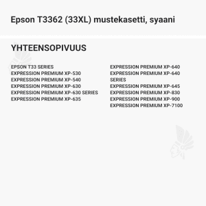 Epson T3362 (33XL) mustekasetti, syaani - Yhteensopivat tulostinmallit