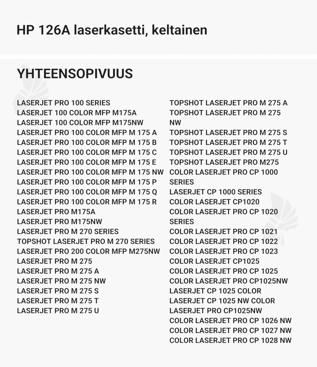 HP 126A laserkasetti, keltainen - Yhteensopivat tulostinmallit