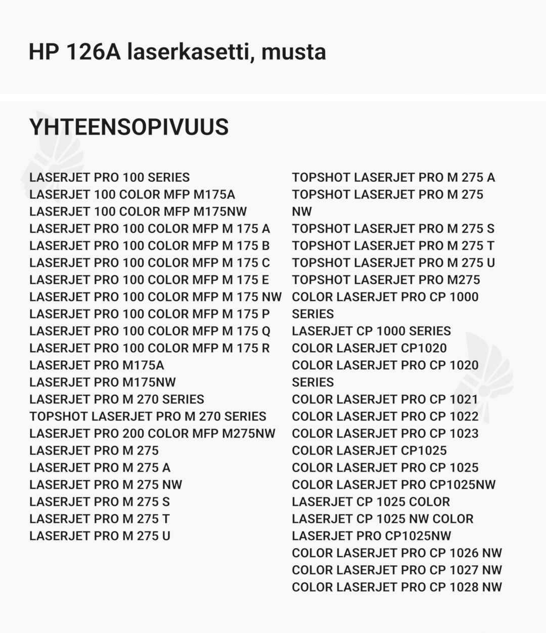 HP 126A laserkasetti, musta - Yhteensopivat tulostinmallit