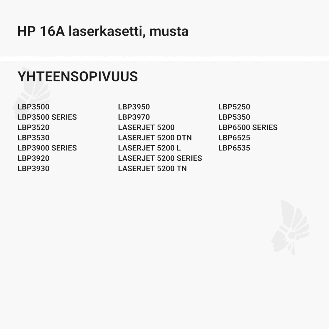 HP 16A laserkasetti, musta – tarvike, premium - Yhteensopivat tulostinmallit