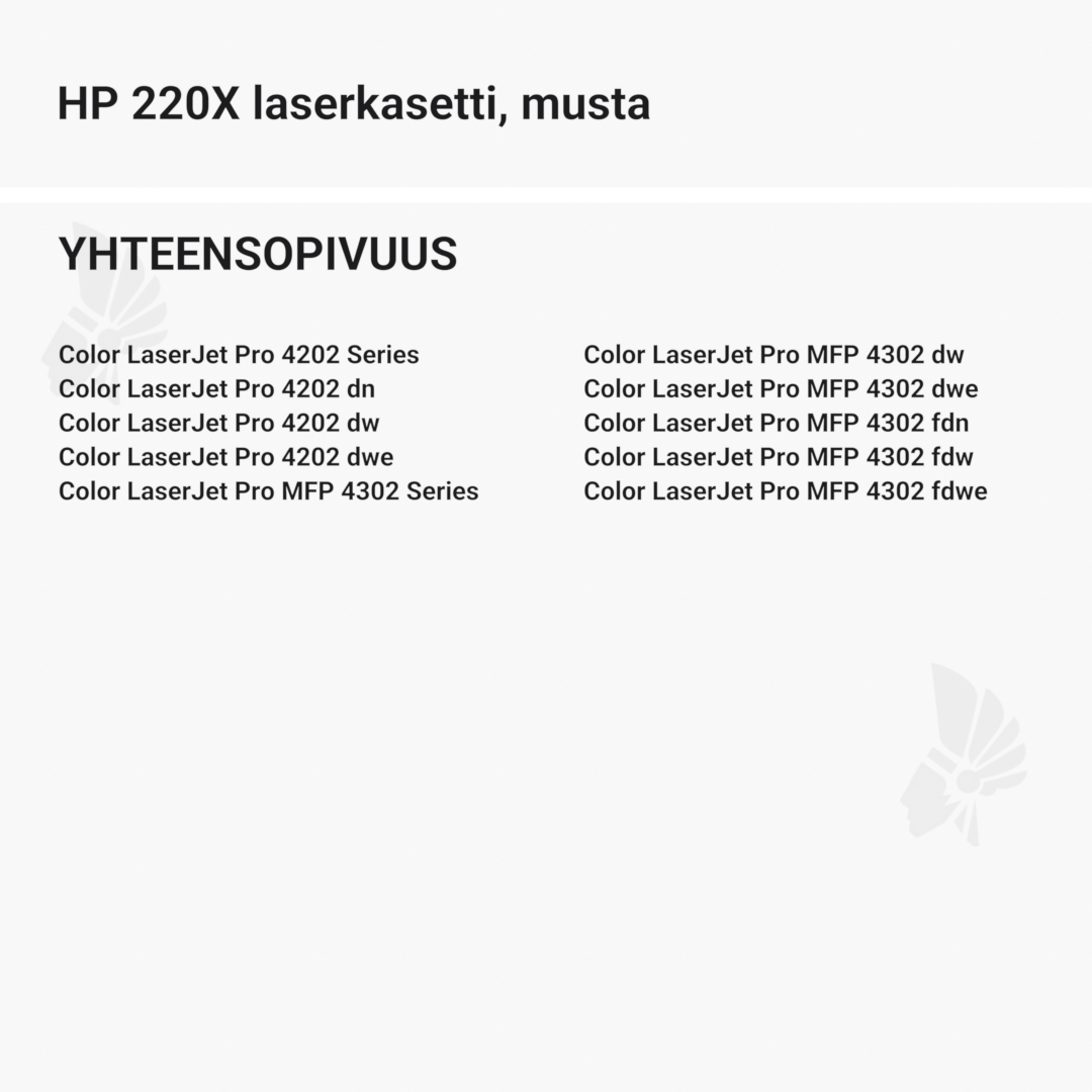 HP 220X laserkasetti, musta - Yhteensopivat tulostinmallit
