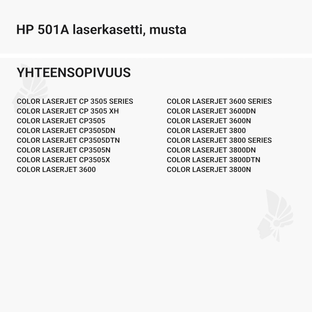 HP 501A laserkasetti, musta – tarvike, premium - Yhteensopivat tulostinmallit