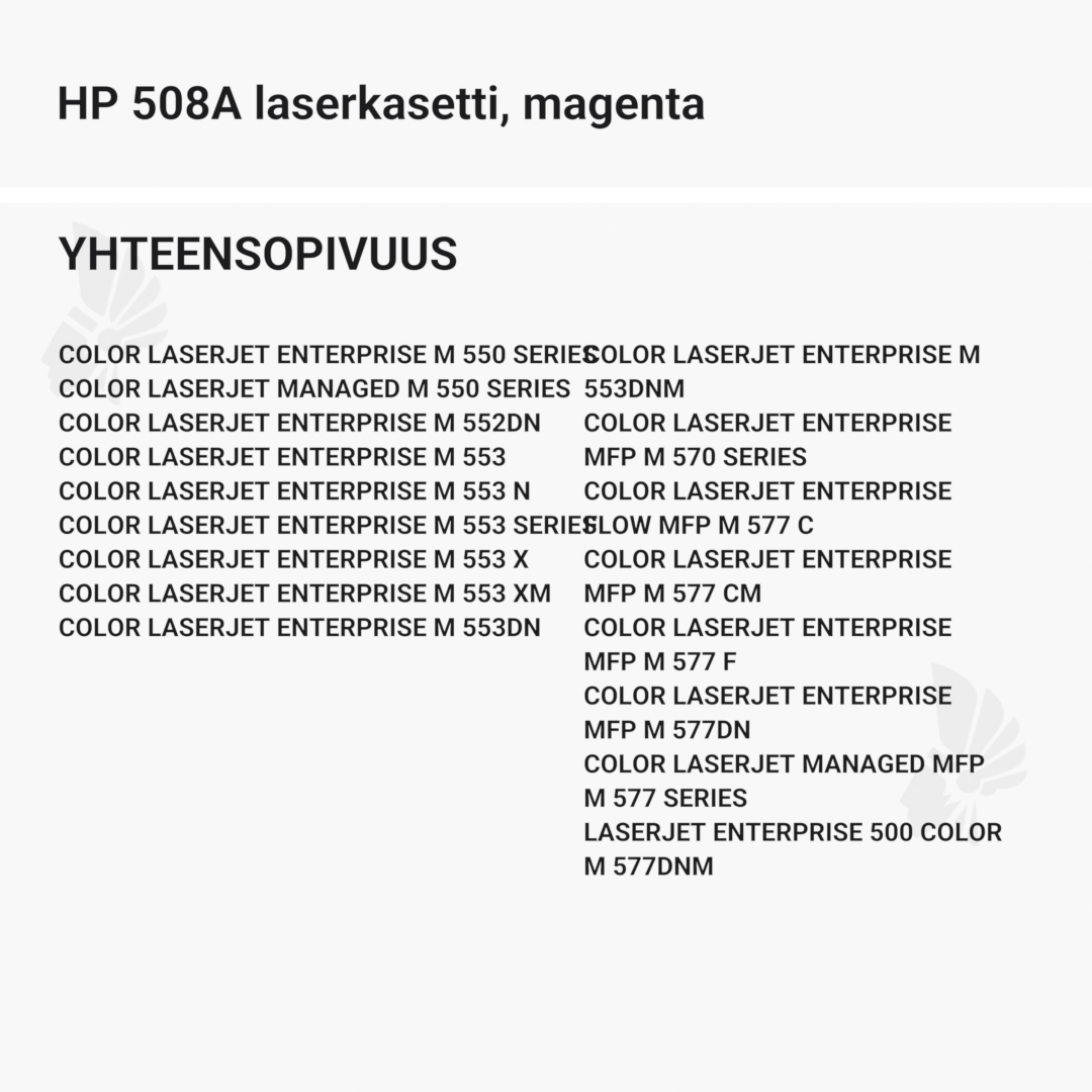 HP 508A laserkasetti, magenta – tarvike, premium - Yhteensopivat tulostinmallit