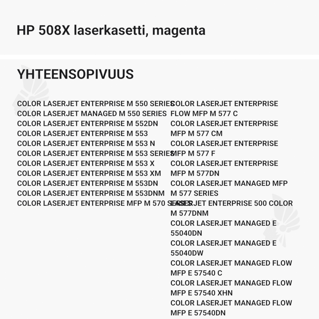 HP 508X laserkasetti, magenta – tarvike, premium - Yhteensopivat tulostinmallit