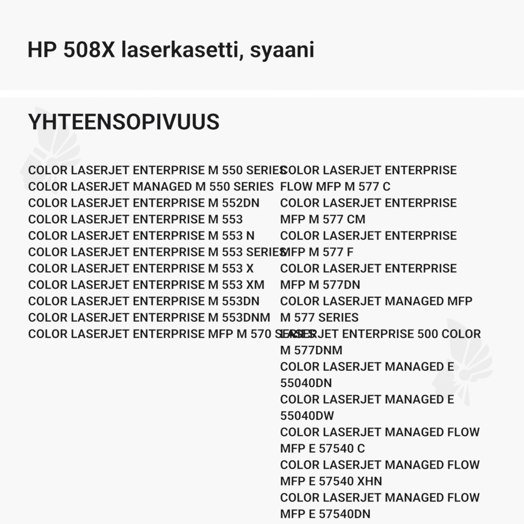 HP 508X laserkasetti, syaani – tarvike, premium - Yhteensopivat tulostinmallit