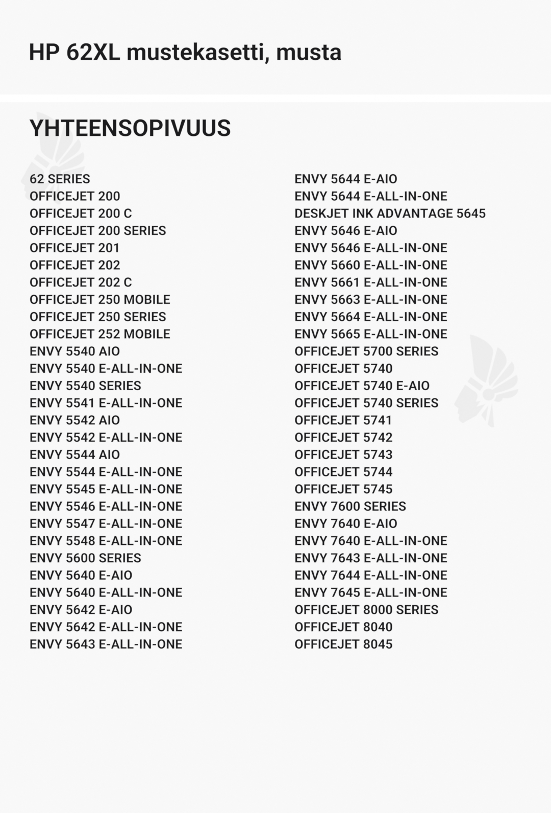 HP 62XL mustekasetti, musta - Yhteensopivat tulostinmallit