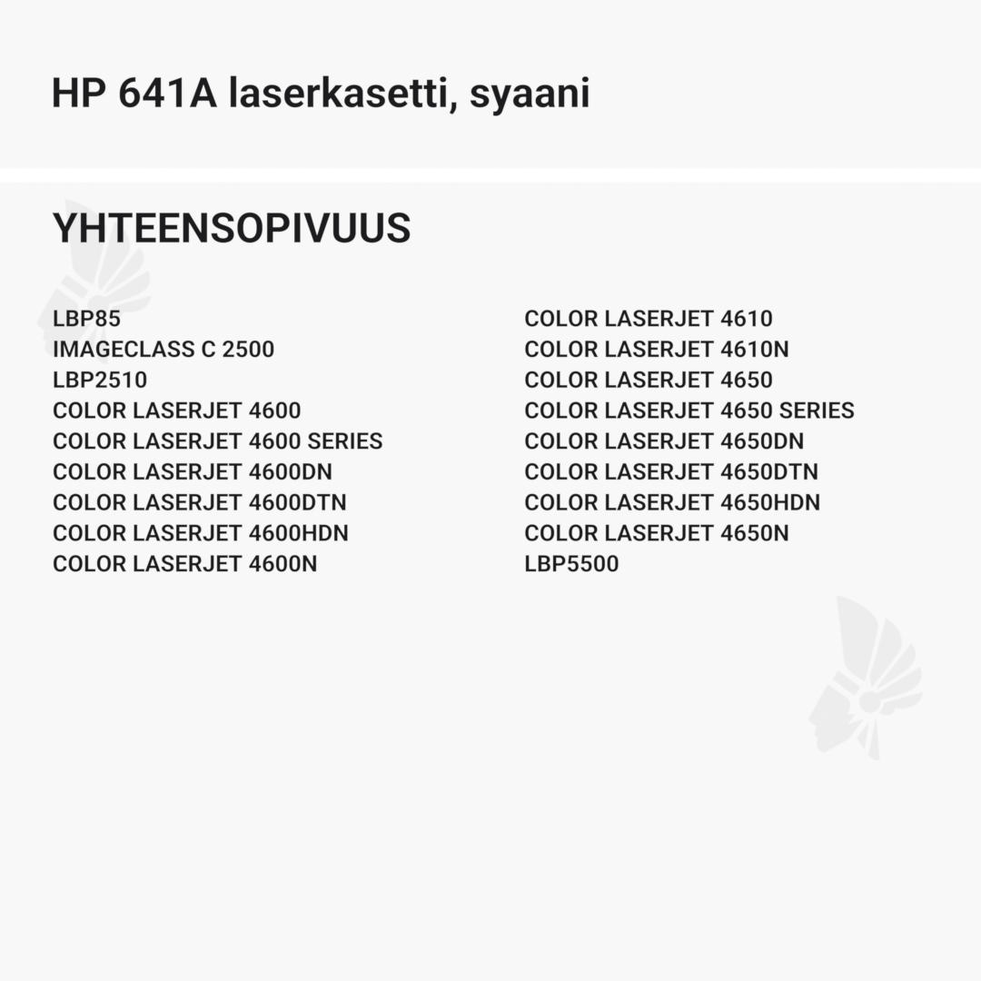 HP 641A laserkasetti, syaani – tarvike, premium - Yhteensopivat tulostinmallit