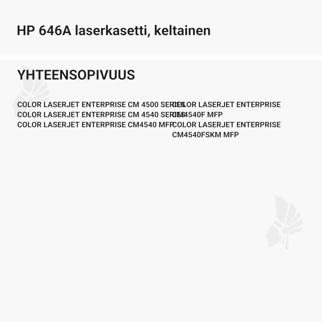 HP 646A laserkasetti, keltainen – tarvike, premium - Yhteensopivat tulostinmallit