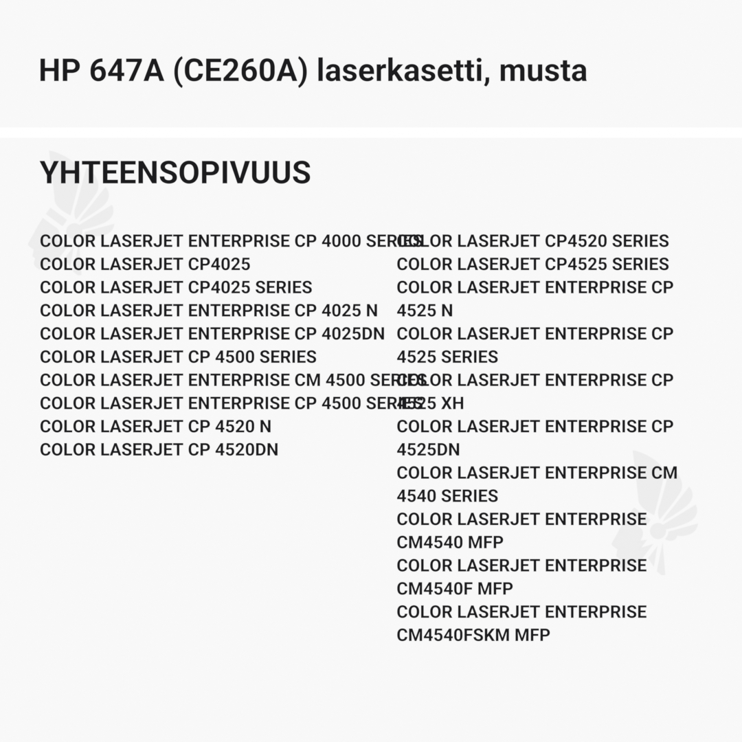 HP 647A (CE260A) laserkasetti, musta – tarvike, premium - Yhteensopivat tulostinmallit