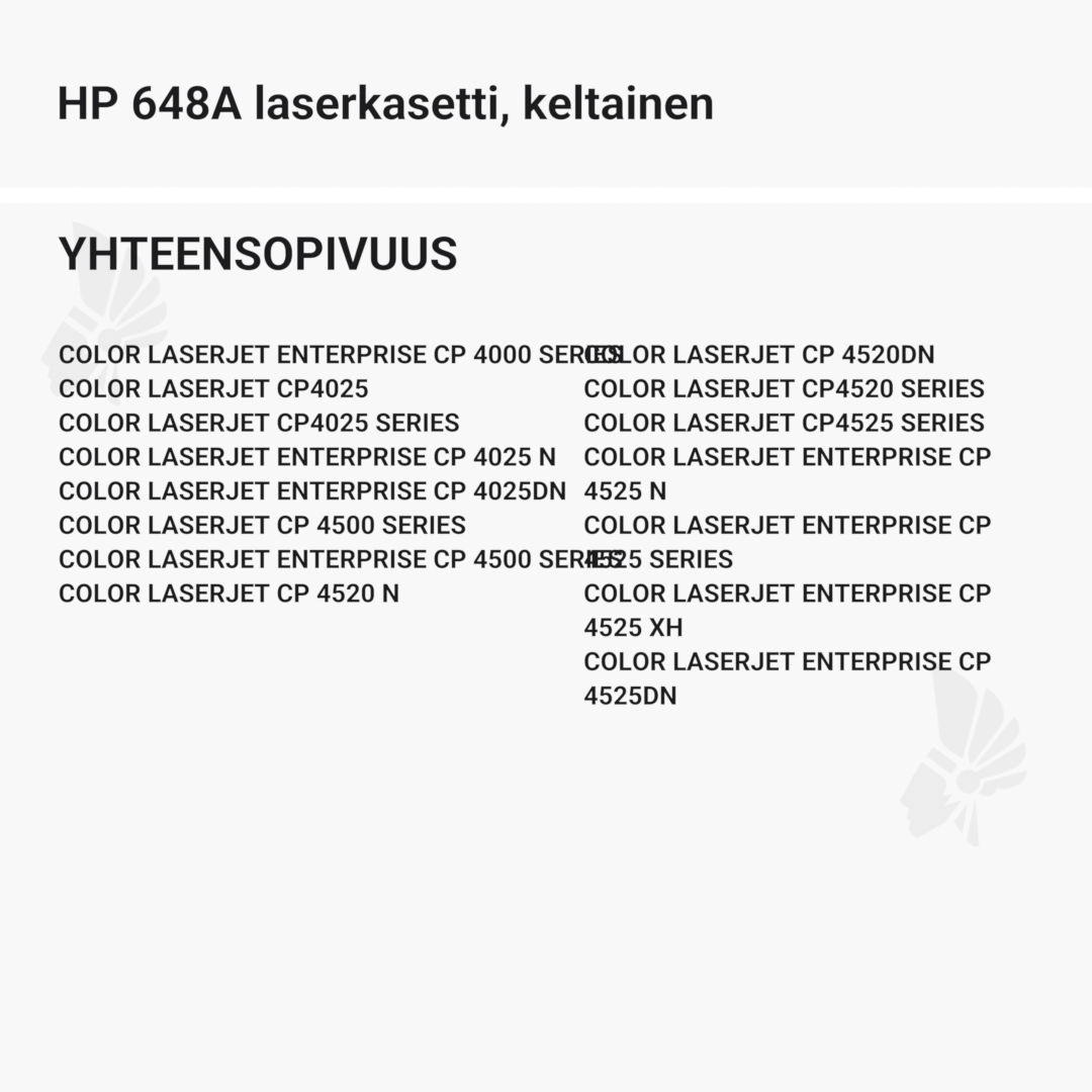 HP 648A laserkasetti, keltainen – tarvike, premium - Yhteensopivat tulostinmallit