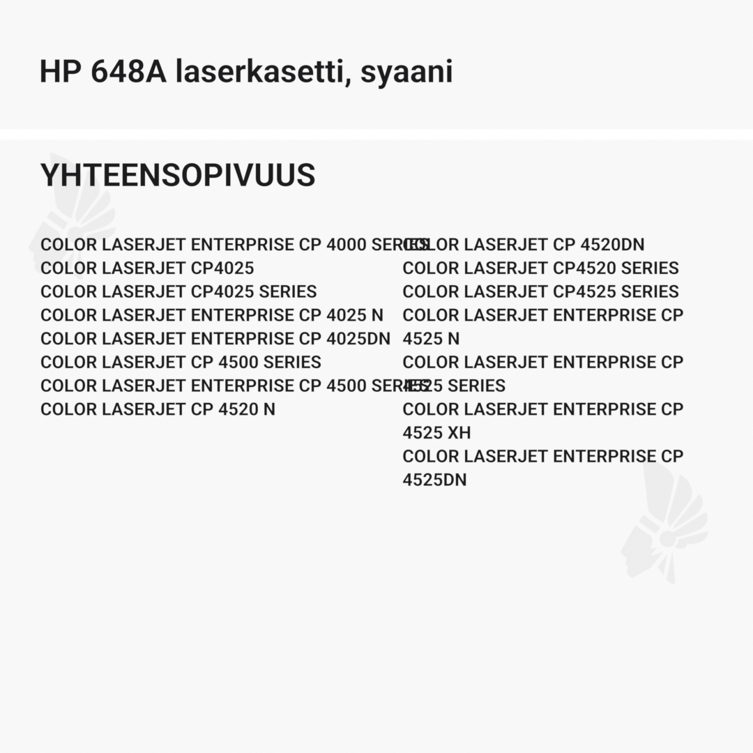 HP 648A laserkasetti, syaani – tarvike, premium - Yhteensopivat tulostinmallit