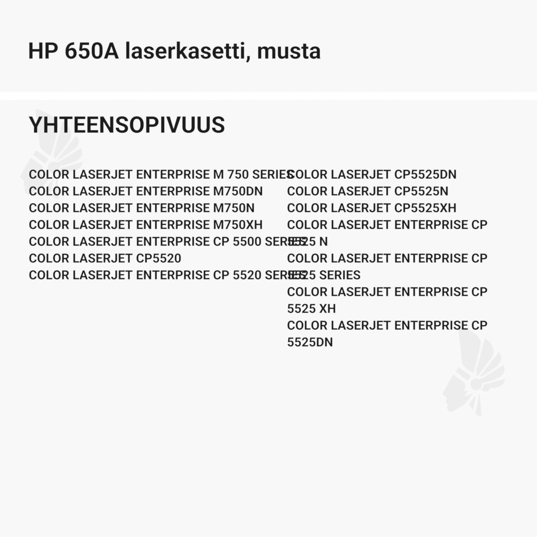 HP 650A laserkasetti, musta – tarvike, premium - Yhteensopivat tulostinmallit