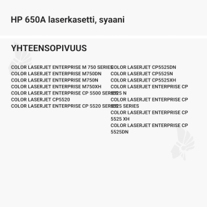HP 650A laserkasetti, syaani – tarvike, premium - Yhteensopivat tulostinmallit