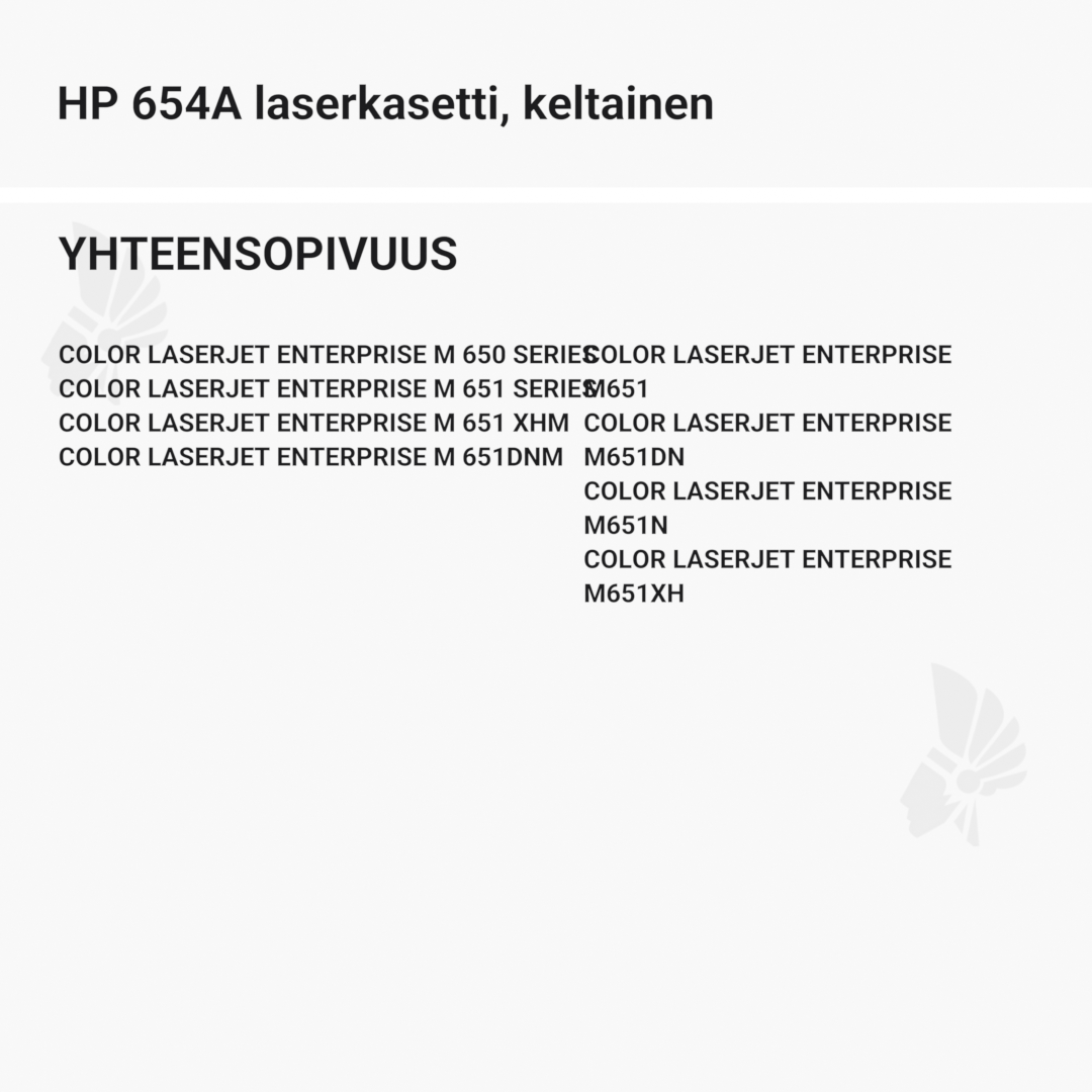 HP 654A laserkasetti, keltainen – tarvike, premium - Yhteensopivat tulostinmallit