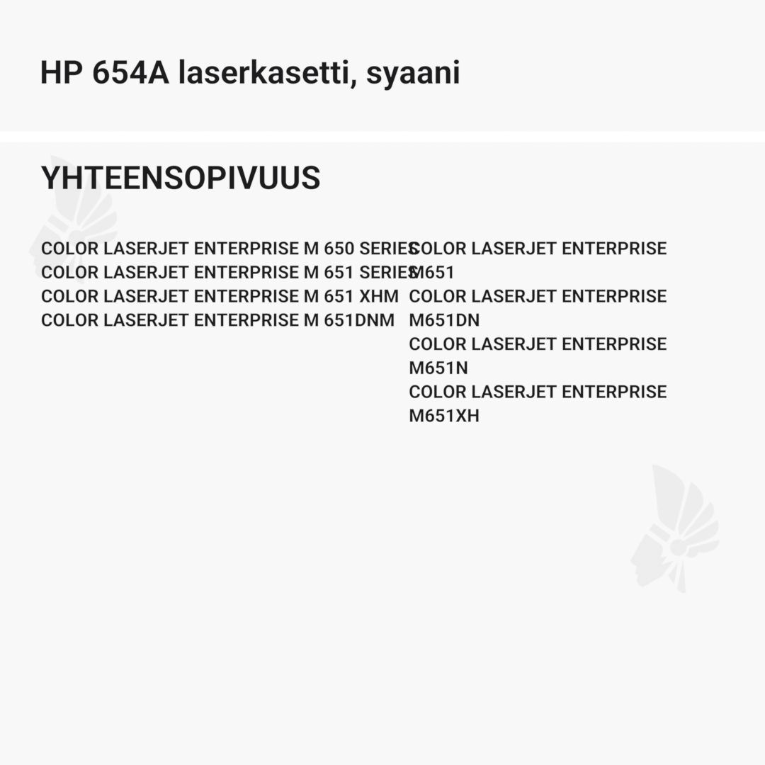 HP 654A laserkasetti, syaani – tarvike, premium - Yhteensopivat tulostinmallit