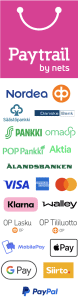 Yleisimmät maksutavat mm. Klarna, Visa, MasterCard, MobilePay, pankit, GooglePay ja ApplePay.