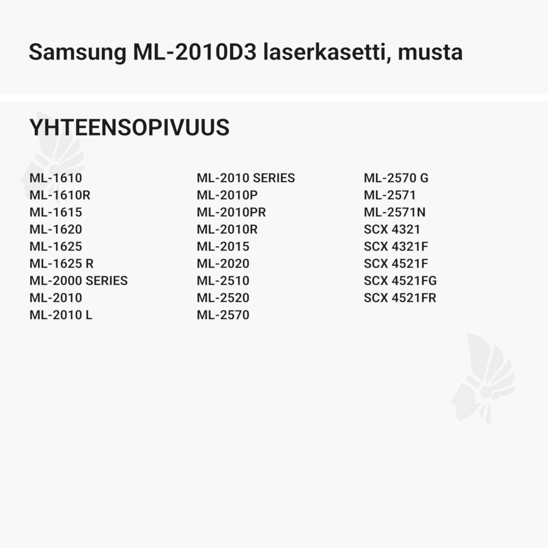 Samsung ML-2010D3 laserkasetti, musta – tarvike, premium - Yhteensopivat tulostinmallit
